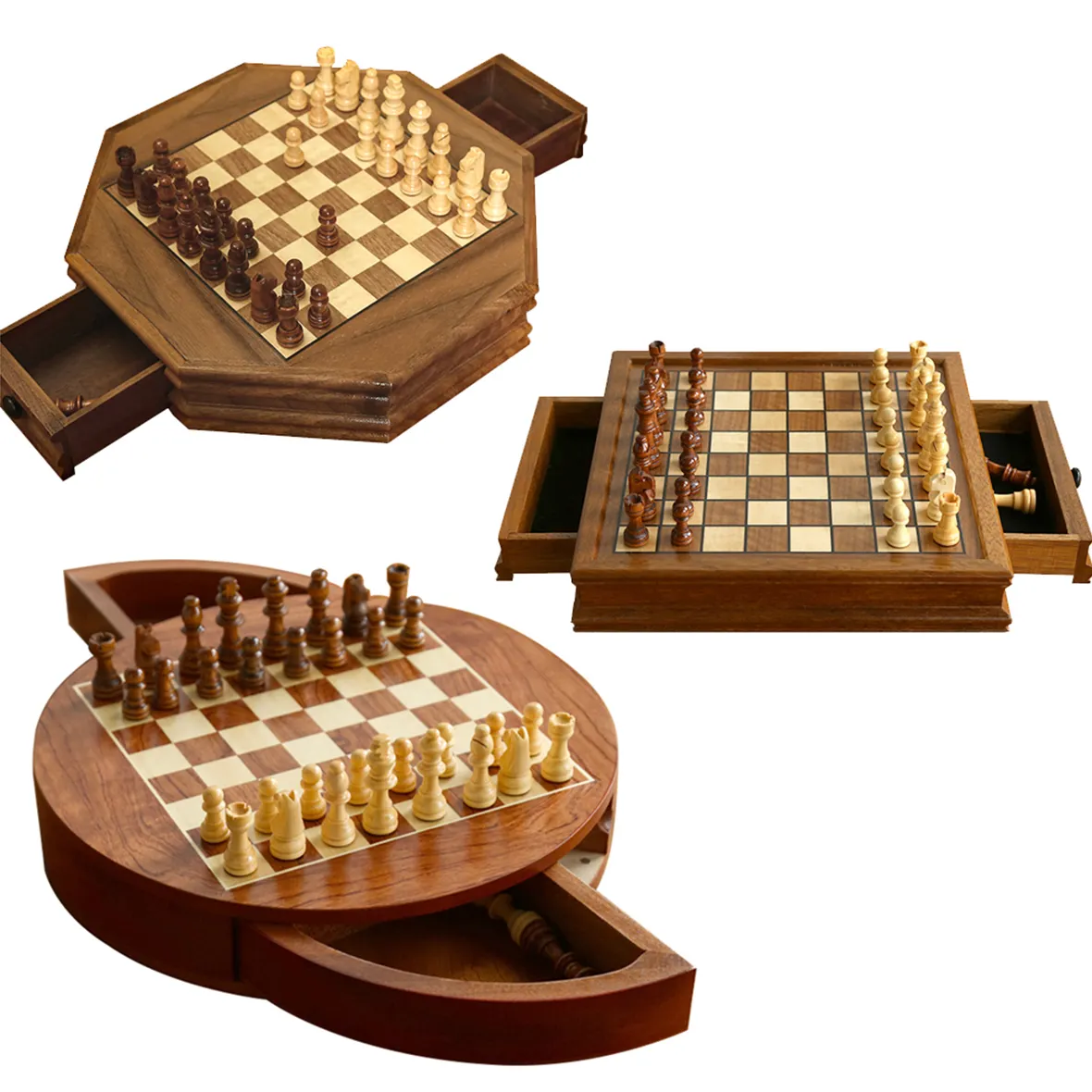 25 년 공장 도매 12.8 "x 12.8" 마그네틱 나무 체스 세트 2 내장 서랍 2 추가 여왕 Staunton 체스