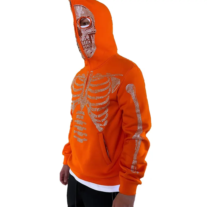 Custom LOGO Plus Size 100% Pure Cotton Men's Full Zip Up Hoodies Skull Rhinestone Skeleton Oversize Unisex Sweatshirts