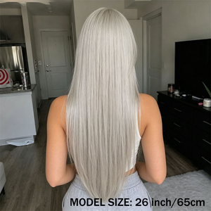 Nouvelle perruque 2026 en fibre chimique naturelle douce, cheveux longs et raides gris de 26 pouces, style élégant. SM014 - Product Image 3