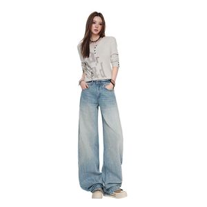 カジュアルブランド ルーズ アメリカンウォッシュ キャットテール ダメージ加工 ストレートジーンズ 高品質 グラデーション ワイドレッグジーンズ メンズ＆レディース - Product Image 6