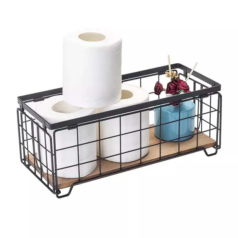 Metal Wire Storage Basket  Toilet Paper Roll Holder Wood Base Countertop Decor Box Toilet Tank Shelf Cabinet Organizer