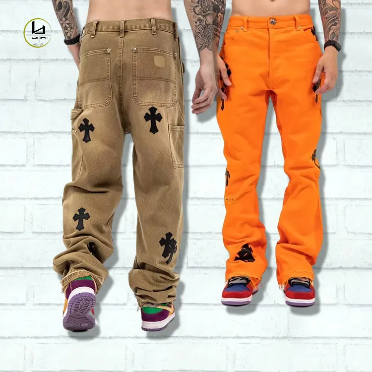 JBeiL Men's washed cargo denim pants OEM custom brand streetwear loose stacked wide leg jeans cross leather patch jeans