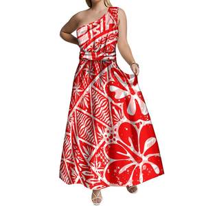 新作ハワイアンスタイルプリントカスタム女性斜め肩ノースリーブレースアップロングドレスポリネシアデザインレディースカジュアルドレス - Product Image 1