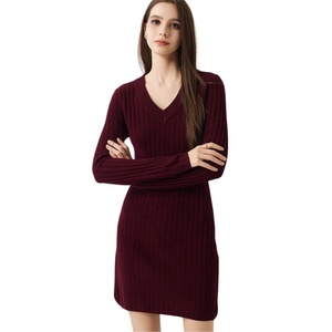 Factory Supply Elegant V Neck Ribbed Wool Dress <strong>Women</strong> Casual Fashion Knit Dress <strong>Women's</strong> Sweater Skirts - Product Image 3