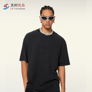 Wholesale OEM Custom Men's Acid Wash Vintage Graphic T-<b>Shirt</b> Heavyweight Knitted <b>Black</b> Oversized DTG Washed Stock Print Pattern - Product Image 5