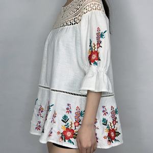 Blusa de Verano para Mujer, Nueva, Informal, de Algodón y Lino, con Bordado, Encaje Blanco, Manga Corta, Estampado Floral, Cuello Redondo, Talla XS - Product Image 5