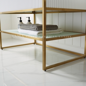 VAMA-mueble <span class=keywords><strong>de</strong></span> baño <span class=keywords><strong>de</strong></span> cuarzo blanco brillante para hotel, mueble <span class=keywords><strong>con</strong></span> estante <span class=keywords><strong>de</strong></span> vidrio y base <span class=keywords><strong>de</strong></span> metal ss dorado, 40 pulgadas - Product Image 6