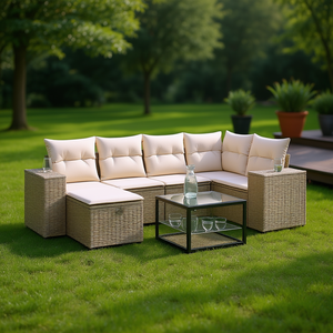 Ensemble de canapés de jardin en polyrotin beige, structure en acier, 6 places, mobilier d'extérieur, design contemporain, résistant aux intempéries - Product Image 2