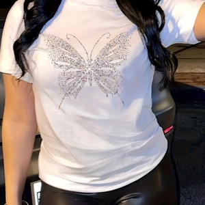 Viviblook Z527TP04 Vintage verano señoras Top cuello redondo manga corta mariposa patrón de diamantes de imitación camiseta Crop Top para mujer - Product Image 2