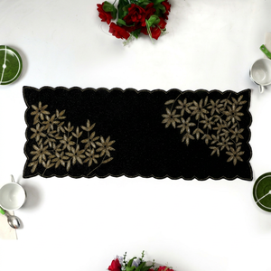 Rectangular Black Fabric Table Runner with Gold Floral Embroidery Handmade Classic Vintage Design Customizable Machine Washable - Product Image 1