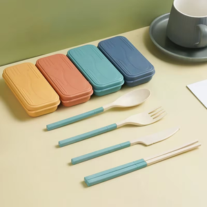 Cubiertos portátiles ecológicos de paja de trigo con caja, cuchara, cuchillo, tenedor, 4 piezas, vajilla de paja de trigo - Product Image 2