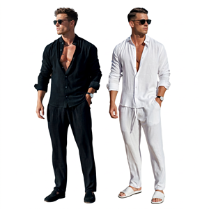 Ensemble chemise et pantalon en lin décontracté pour <span class=keywords><strong>homme</strong></span>, 2 pièces, manches longues, <span class=keywords><strong>été</strong></span>, haute qualité, personnalisable avec logo, vente en gros - Product Image 1
