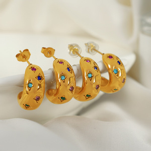 <b>Moon</b> Shape Huggie Earrings Titanium Steel Colored Diamond Bezel Setting Party Fashion Stud Earrings - Product Image 3