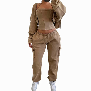 Rompi korset celana keringat Hoodie 3 potong Set Wanita setelan olahraga baju olahraga wanita katun ritsleting Prancis dengan atasan korset - Product Image 4