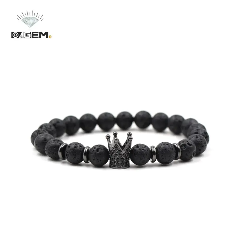 G. Gema. Pulsera de piedra natural elástica de roca de lava Yoya negra trenzada CZ corona de 8mm para hombre