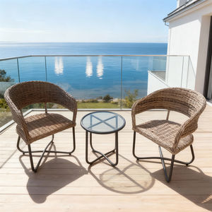 Conjunto de Sillones de Mimbre para Exteriores Resistentes a la Intemperie con Mesa Redonda de Vidrio, Colores y Estilos Personalizables, Asientos para Patio, Terraza y Jardín - Product Image 1