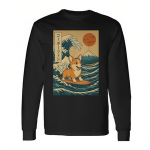 T-shirt à manches longues Corgi Surfing Japanese Wave, unisexe, taille adulte M L XL XXL - Product Image 2