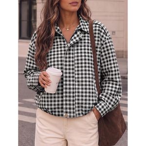 Veste zippée à carreaux sur mesure pour femme, coupe oversize courte, manches longues, décontractée, pour l'automne, avec fermeture à boutons-pression - Product Image 2