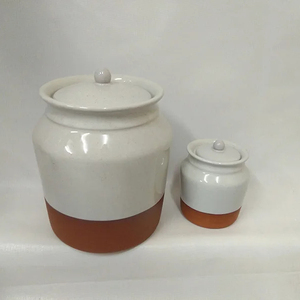 Pot de stockage de nourriture en <span class=keywords><strong>terre</strong></span> <span class=keywords><strong>cuite</strong></span> ronde en céramique <span class=keywords><strong>blanche</strong></span> et brune avec couvercle - Product Image 1