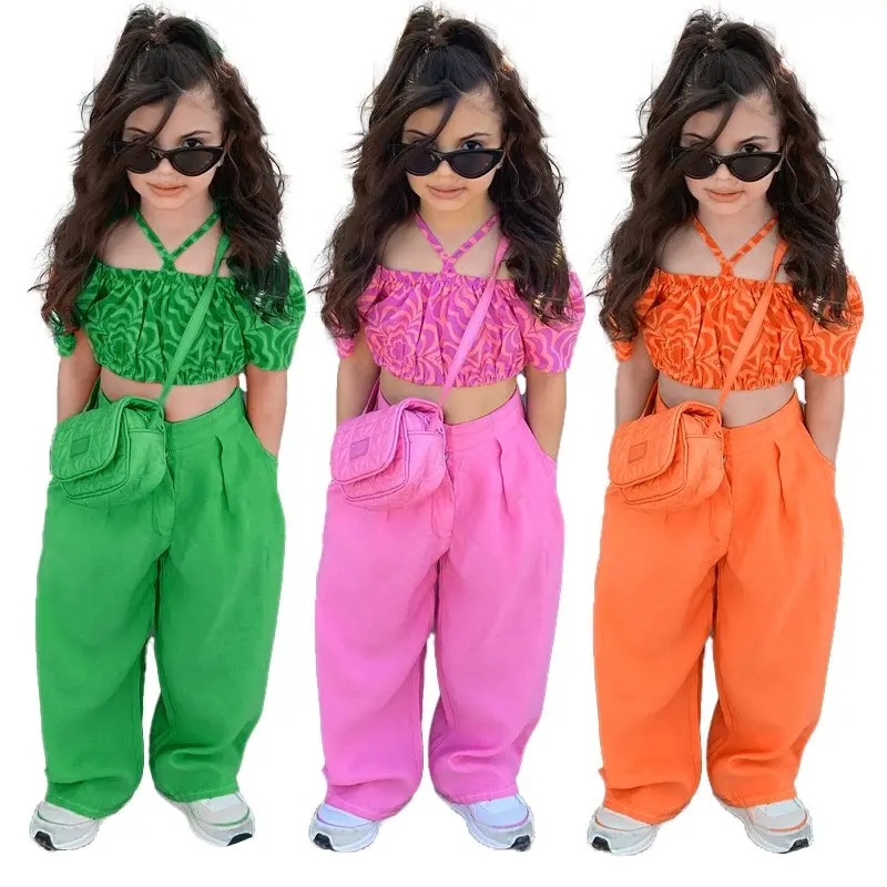 Summer girl's Bubble sleeve pleated pants sets one line shoulder shirt wide leg pants kids clothes sets