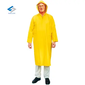 pvc raincoat Yellow water proof heavy duty rain coat for adults mens long raincoat PVC/polyester/PVC raincoat