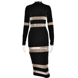 Patchwork personnalisé sexy <span class=keywords><strong>voir</strong></span> à travers maille femmes robe 2023 automne à manches longues moulante élégante club fête robe midi - Product Image 5