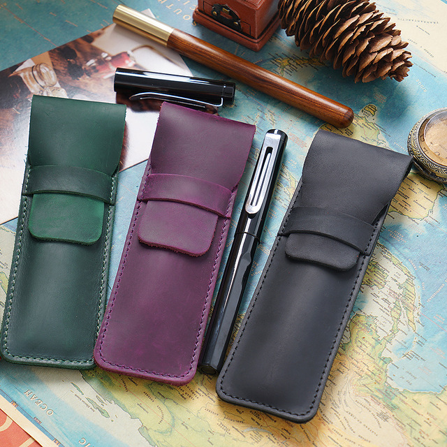 Handmade Crazy Horse Leather Pen Sleeve Vintage Top Layer Cowhide Pen Protective Case Custom Logo Stationery Gift Pen Pouch