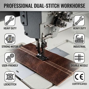 Machine à coudre industrielle à double aiguille à lit plat, certifiée CE, moteur puissant, grand crochet, prix abordable, pour le cuir - Product Image 1