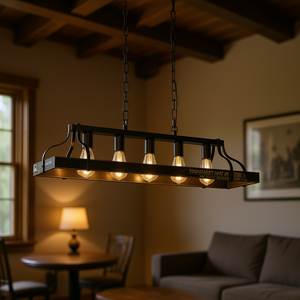 Lustre rectangulaire en fer noir et or, 34 pouces, 5 douilles E26, hauteur de chaîne réglable, pour salle à manger - Product Image 2