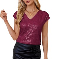 Hauts d'été personnalisés 2026 pour femmes, en tricot uni avec impression numérique, à manches courtes, anti-boulochage, à sequins scintillants, col en V, pour tenue décontractée