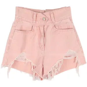 DiZNEW Hot Style Summer Women Sexy Cut-out Button Denim Shorts Cute Pink Ripped Hollowed-out Jeans