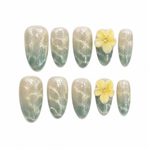 Faux ongles à presser vert menthe français, motif floral scintillant, couvrance totale, longueur moyenne, avec colle pour doigts - Product Image 6