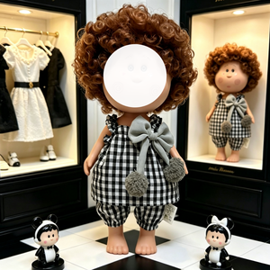 Ensemble de robes de style occidental pour poupées de 24 cm, robe en dentelle rayée noire et blanche et tenue à carreaux avec nœud gris - Product Image 5