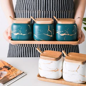 Nuovi arrivi condimento contenitore di marmo di <span class=keywords><strong>ceramica</strong></span> sale barattolo di <span class=keywords><strong>spezie</strong></span> con con coperchio di bambù e cucchiaio - Product Image 3