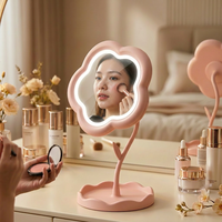 Miroir de maquillage LED de table en forme de fleur rose et blanche CF avec base de rangement, éclairage tactile à intensité variable, miroir cosmétique lumineux pour cadeau