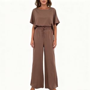 Women's Solid-Color Crew Neck Short-Sleeve Top With <b>Tie</b>-Waist Pants 2-Piece Set Fashion - Product Image 6