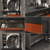 Meuble-lavabo mural de salle de bain moderne de luxe orange cannelé avec vasque, miroir LED et étagère ouverte pour projets hôteliers