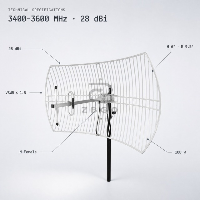 28dBi 3.5GHz Grid Parabolic Antenna High Gain Directional for Point-to-Point Backhaul & Wireless ISP I OEM Custom Manufacturer