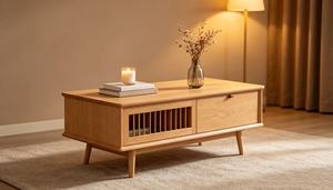 Table basse moderne en bois massif avec tiroir de rangement, meubles de salon de style mid-century - Product Image 2