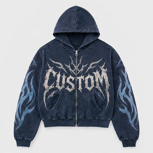 Sweat à capuche zippé streetwear en coton épais, coupe oversize et carrée, avec motif graphique vieilli et logo personnalisé pour homme – Vente en gros - Product Image 1