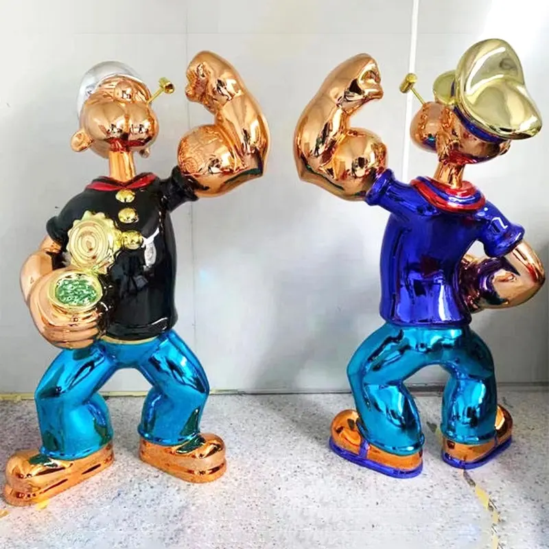 Escultura de Anime de fibra de vidrio, escultura de Popeye artesanal pintada de tamaño real