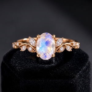 Oval Rainbow <b>Moonstone</b> Ring 925 Sterling Silver Leaf Vine Engagement Ring Gold Plated Custom Gemstone <b>Jewelry</b> - Product Image 5