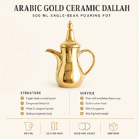 Cafetière arabe Dallah en céramique dorée 500 ml avec bec en bec d'aigle, vente en gros pour hôtels et restaurants, fournisseur OEM ODM avec logo personnalisé