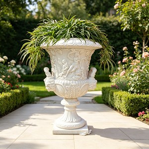 Fioriera in Marmo Rosso Tramonto con Rilievo Angelo Intagliato a Mano, Urna per Fiori in Pietra per <span class=keywords><strong>Giardino</strong></span> di Villa Europea, Classica Urna in Pietra Supportata <span class=keywords><strong>da</strong></span> Cherubini - Product Image 3