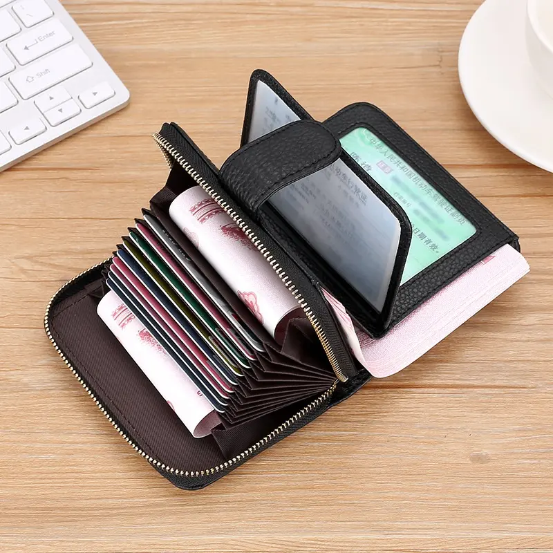 RFID Blocking Real Leather Credit Card Holder with 10 Card Slots and Cash Slot, Good Quality Short Card Holder wallet for men an