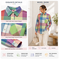 Chemise décontractée pour femme en coton tissé respirant, à col, manches longues, boutonnée, avec poches, patchwork multicolore, ODM