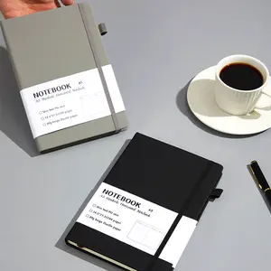 Cuaderno diario A5 con logotipo en relieve personalizado con forro de tapa dura de cuero Pu negro con banda elástica