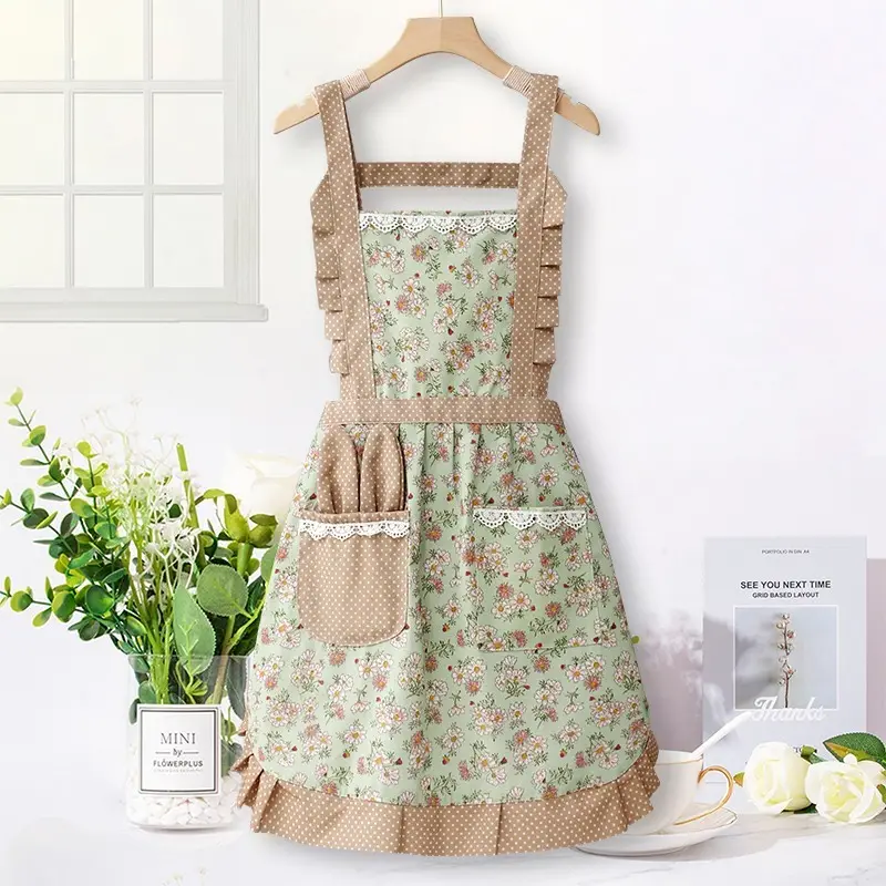 Hot Stylish Flower Pattern Fashion Floral Cotton Chef Household Adult Cooking Cook Womens Ruffled Apron Bib with Pockets