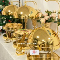 Plat à réchaud doré avec couvercle suspendu, brûleur à alcool, chauffe-plats de buffet, en acier inoxydable, rond, pour la restauration, vente en gros