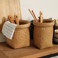 Panier de rangement rustique multi-usages en herbe de jonc naturelle tressée à la main, écologique, avec poignée en cuir, plusieurs tailles, vente en gros